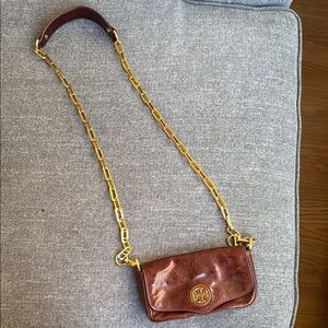 Gold and Brown Crossbody Bag with Luxe Chain